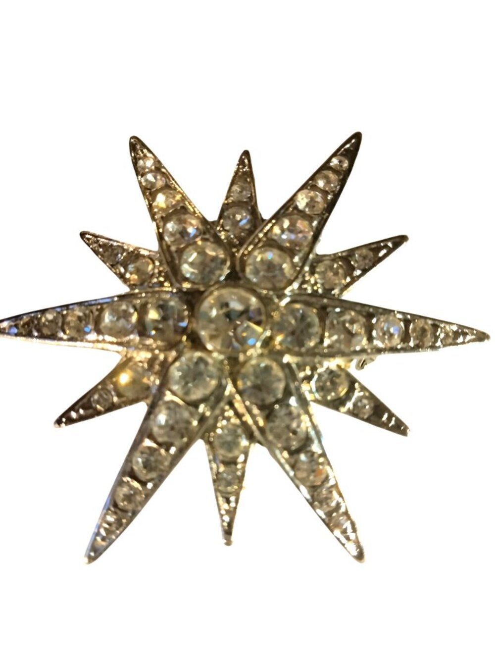 Rhinestone Starburst Victorian Brooch Statement Jewelry Clear Stones Silver Tone